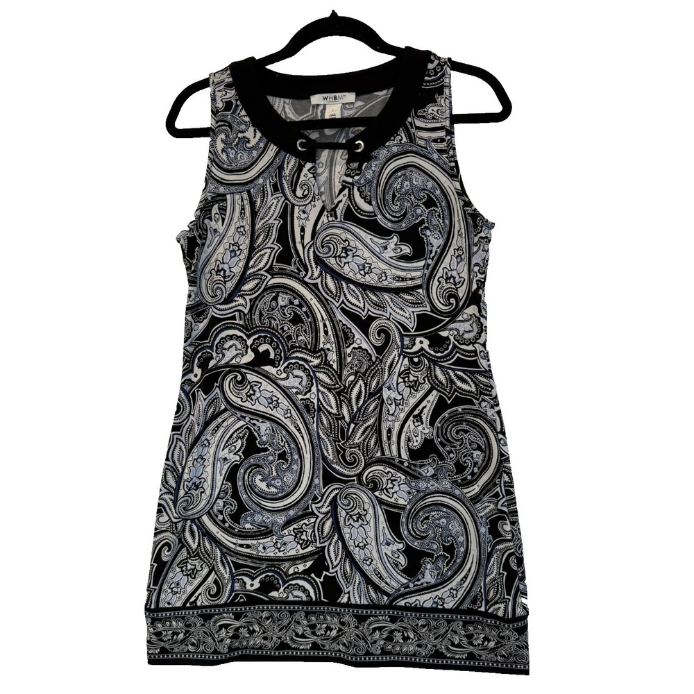 WHBM Stretch Sleeveless Shift Mini Dress Blue Black White Paisley Size Small‎